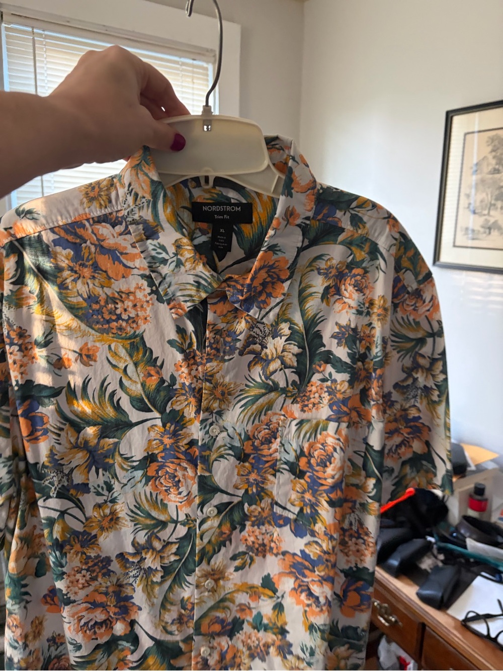 Nordstrom Men’s Short-Sleeve Floral Button-Down Shirt - White, Orange & Green